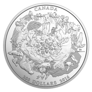 a silver coin with images of animals and birds